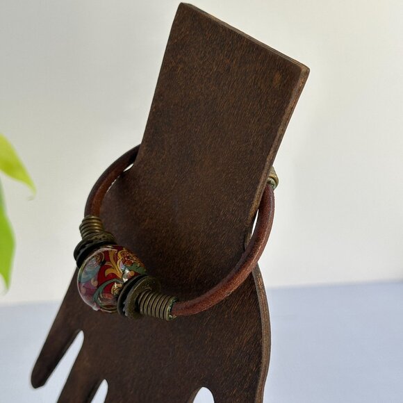 Vintage Boho Ceramic Bracelet, Leather Cord Choker - Picture 5 of 7
